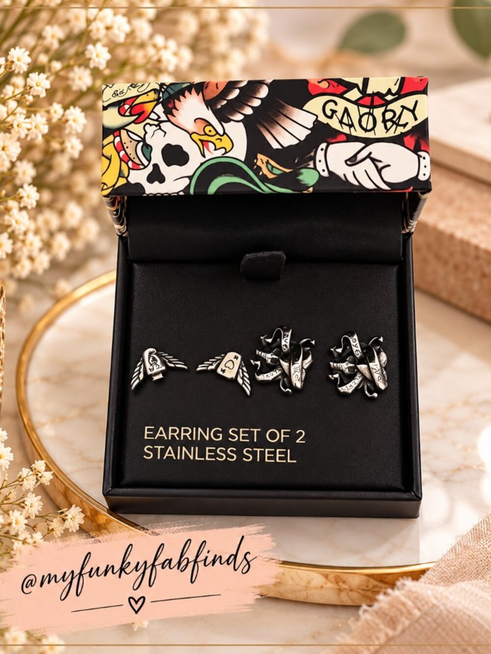 Ed Hardy Stainless Steel Earring Set 2 Pairs Winged Hearts Skulls Ribbon NIB